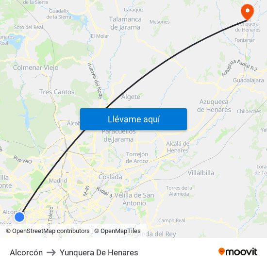 Alcorcón to Yunquera De Henares map