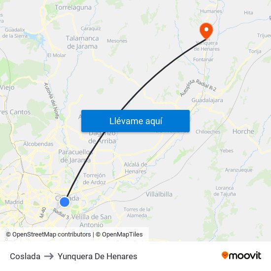 Coslada to Yunquera De Henares map