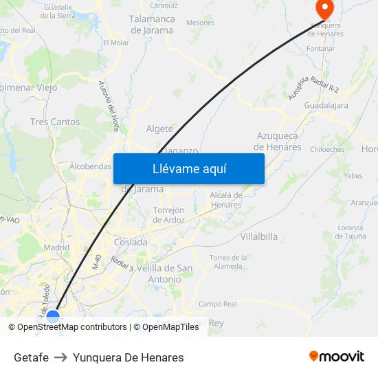 Getafe to Yunquera De Henares map