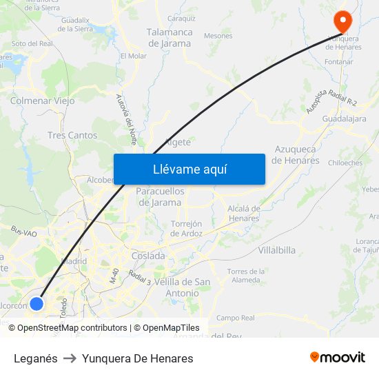 Leganés to Yunquera De Henares map