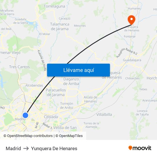 Madrid to Yunquera De Henares map