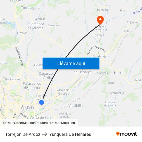 Torrejón De Ardoz to Yunquera De Henares map