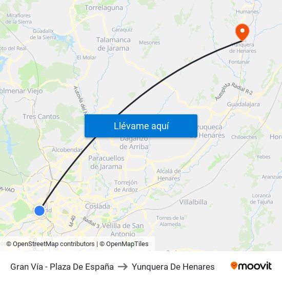 Gran Vía - Plaza De España to Yunquera De Henares map