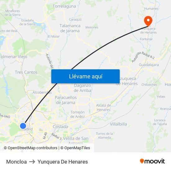 Moncloa to Yunquera De Henares map
