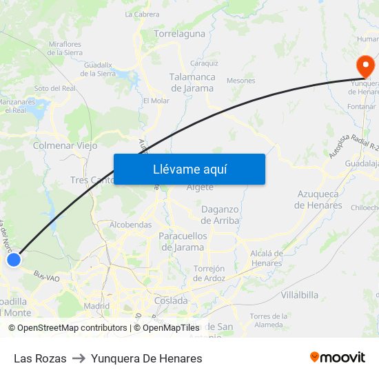 Las Rozas to Yunquera De Henares map