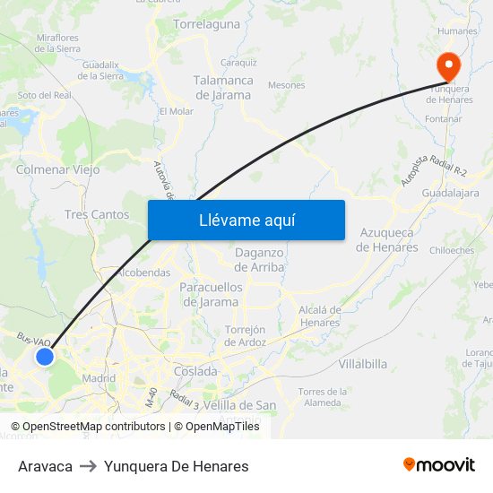 Aravaca to Yunquera De Henares map