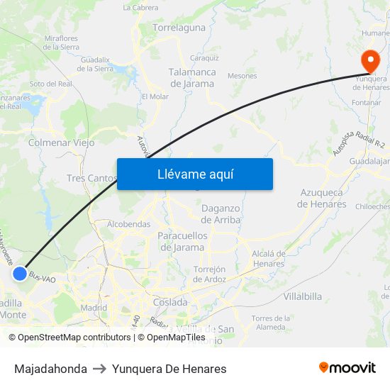 Majadahonda to Yunquera De Henares map