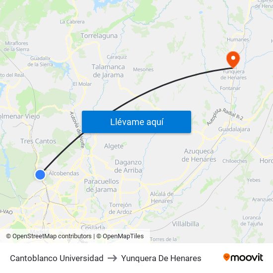 Cantoblanco Universidad to Yunquera De Henares map