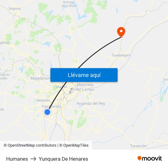 Humanes to Yunquera De Henares map