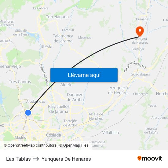 Las Tablas to Yunquera De Henares map