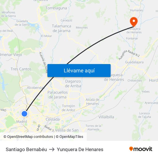 Santiago Bernabéu to Yunquera De Henares map