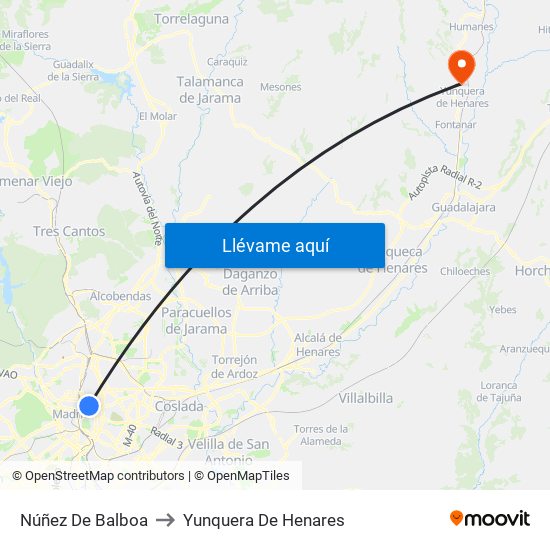 Núñez De Balboa to Yunquera De Henares map