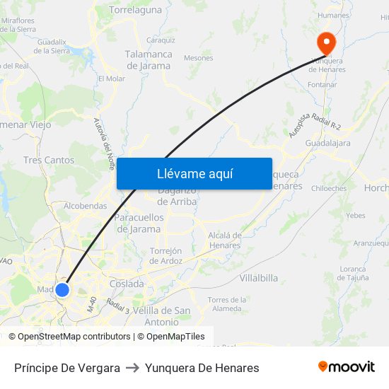 Príncipe De Vergara to Yunquera De Henares map