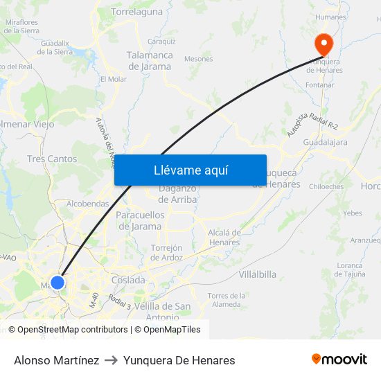 Alonso Martínez to Yunquera De Henares map