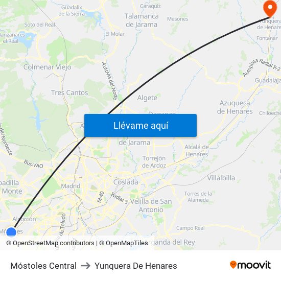 Móstoles Central to Yunquera De Henares map