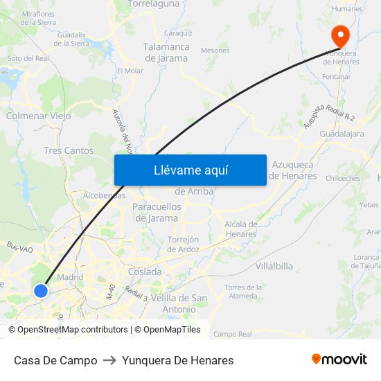 Casa De Campo to Yunquera De Henares map