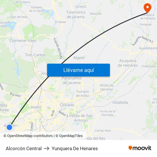 Alcorcón Central to Yunquera De Henares map