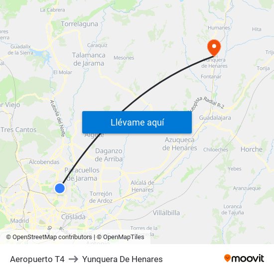 Aeropuerto T4 to Yunquera De Henares map