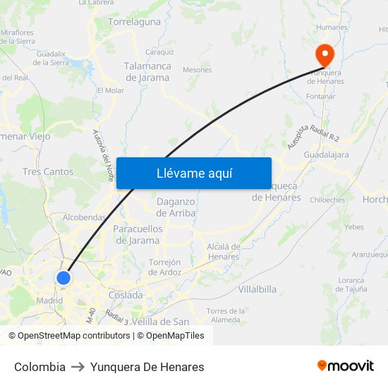 Colombia to Yunquera De Henares map