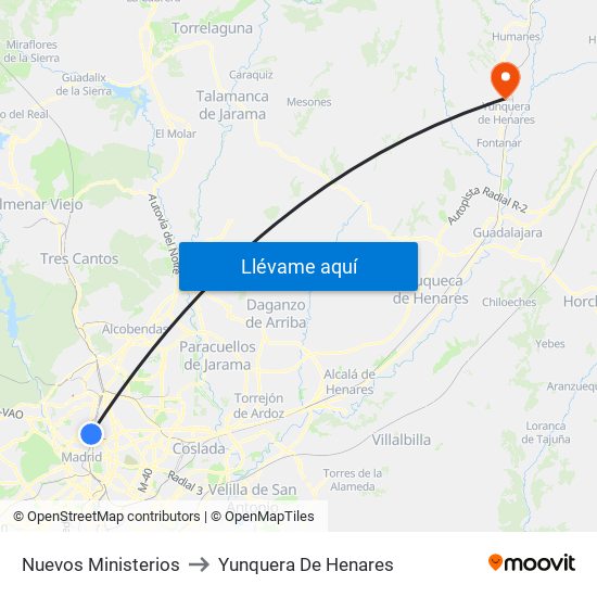 Nuevos Ministerios to Yunquera De Henares map