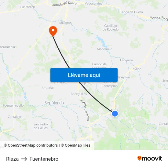 Riaza to Fuentenebro map