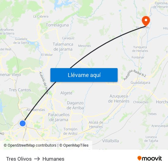 Tres Olivos to Humanes map