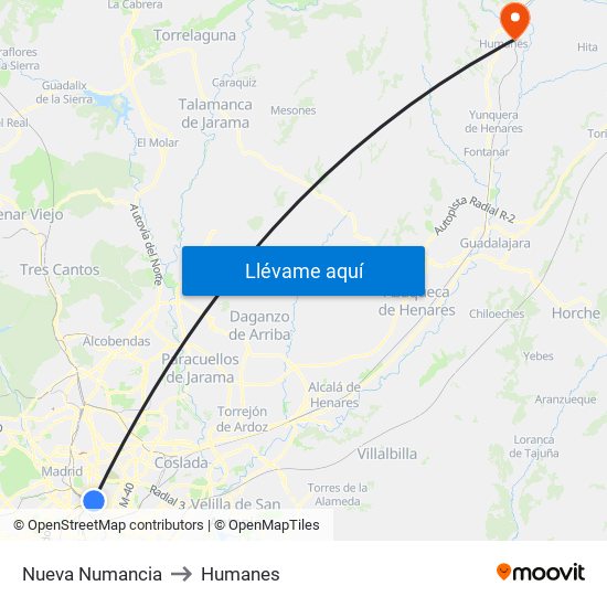 Nueva Numancia to Humanes map