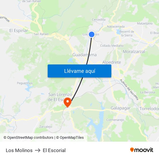 Los Molinos to El Escorial map