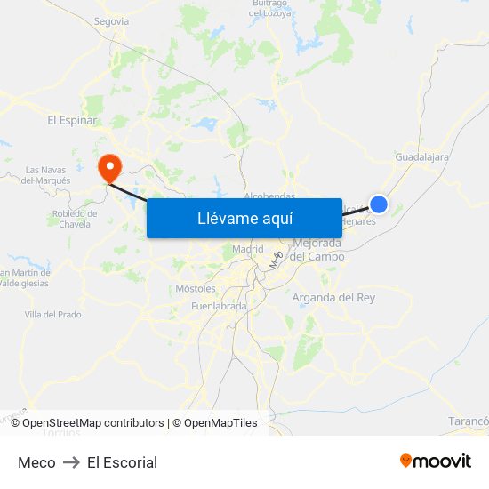 Meco to El Escorial map