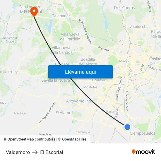 Valdemoro to El Escorial map