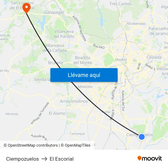 Ciempozuelos to El Escorial map