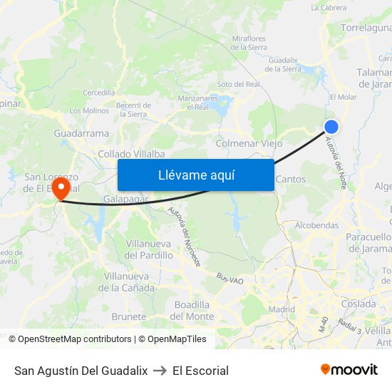 San Agustín Del Guadalix to El Escorial map