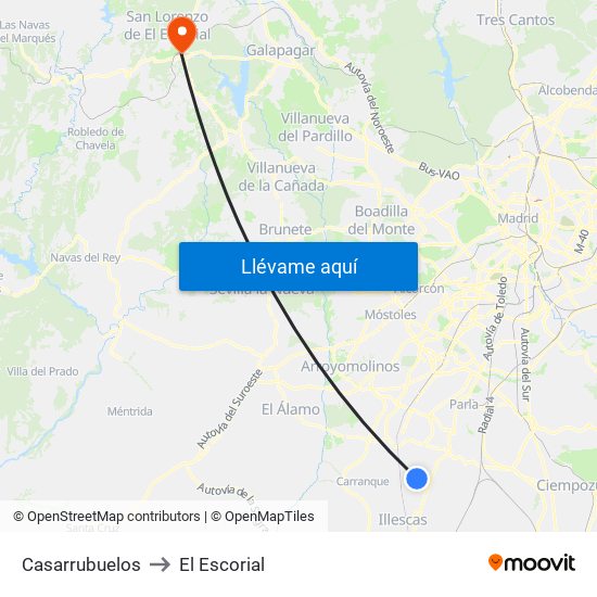 Casarrubuelos to El Escorial map