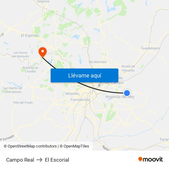 Campo Real to El Escorial map