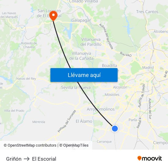 Griñón to El Escorial map