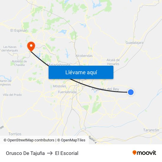 Orusco De Tajuña to El Escorial map