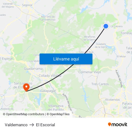 Valdemanco to El Escorial map