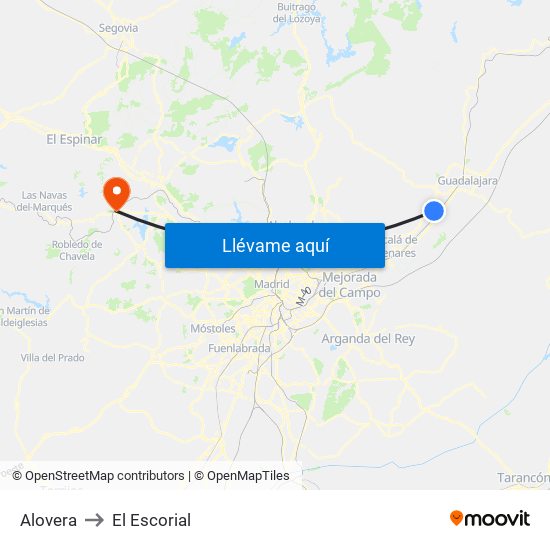 Alovera to El Escorial map