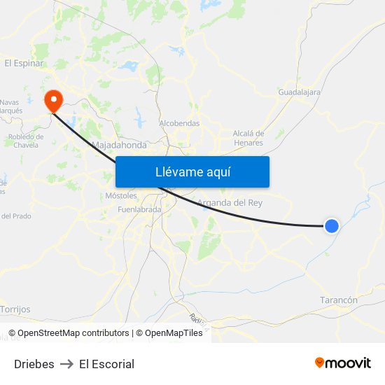 Driebes to El Escorial map