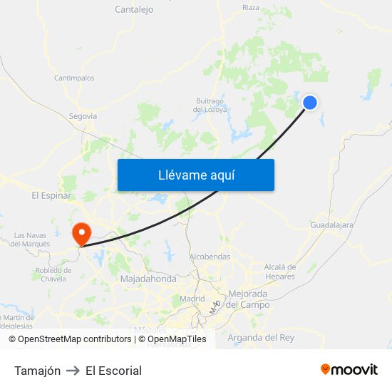 Tamajón to El Escorial map