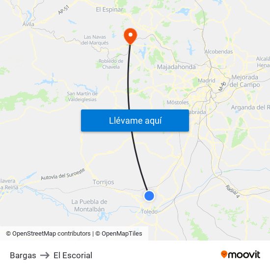 Bargas to El Escorial map