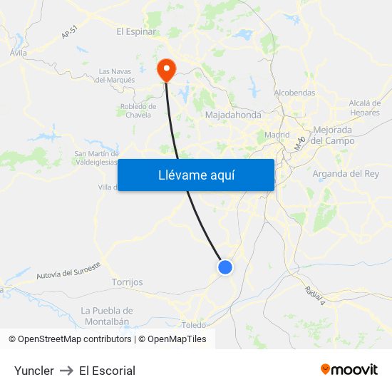 Yuncler to El Escorial map