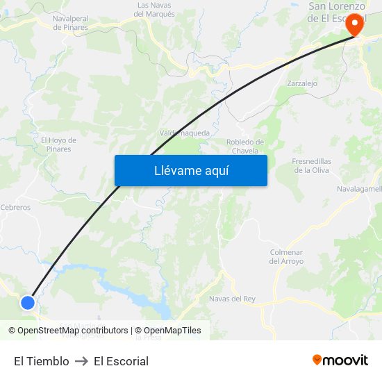 El Tiemblo to El Escorial map