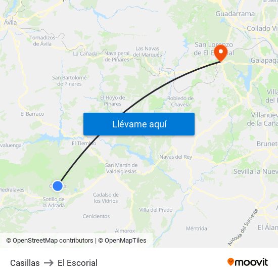 Casillas to El Escorial map