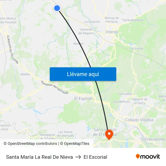 Santa María La Real De Nieva to El Escorial map