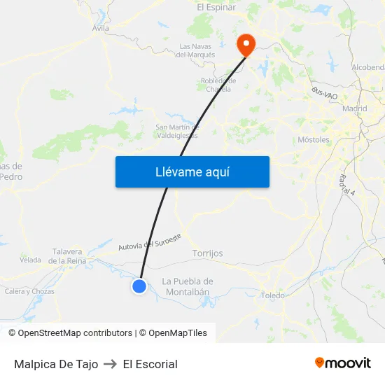 Malpica De Tajo to El Escorial map