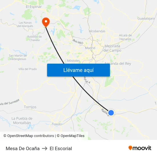 Mesa De Ocaña to El Escorial map