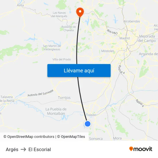 Argés to El Escorial map