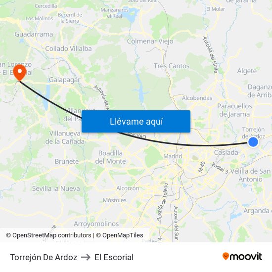 Torrejón De Ardoz to El Escorial map