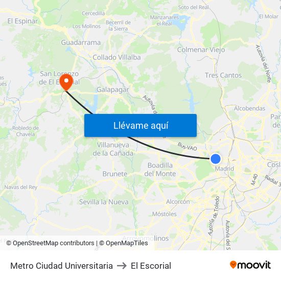 Metro Ciudad Universitaria to El Escorial map